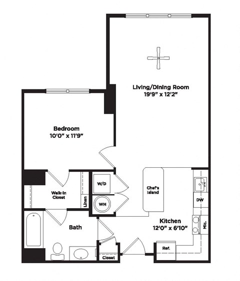 Floor plan for 1 bed, 1 bath, 679 sqft
